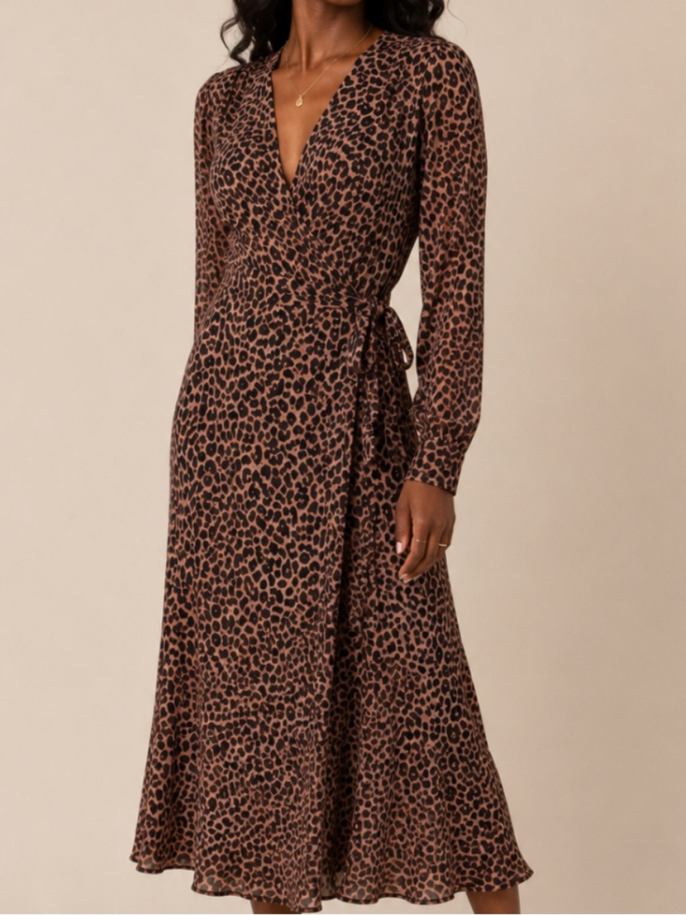Jovonna London Brown Black Leopard Print Wrap Maxi Dress Small Long Sleeve